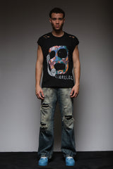 CALL YOUR DEALER DISTRESSED SLEEVELESS T BLACK, DYSTOPIA