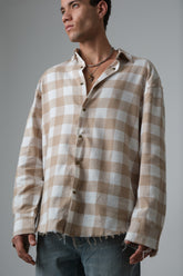 SHREDDED SEAM DROP NECK SHIRT BEIGE PLAID