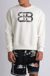 WHITE STACKED DISTRESSED LOGO CREW NECK SWEATSHIRT