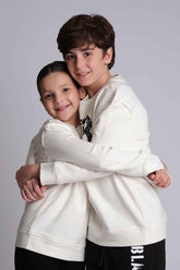 WHITE STACKED DISTRESSED LOGO CREW NECK SWEATSHIRT, KIDS