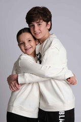 WHITE STACKED DISTRESSED LOGO CREW NECK SWEATSHIRT, KIDS