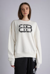 WHITE STACKED DISTRESSED LOGO CREW NECK SWEATSHIRT