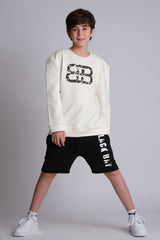 WHITE STACKED DISTRESSED LOGO CREW NECK SWEATSHIRT, KIDS