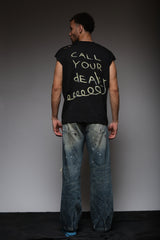 CALL YOUR DEALER DISTRESSED SLEEVELESS T BLACK, DYSTOPIA