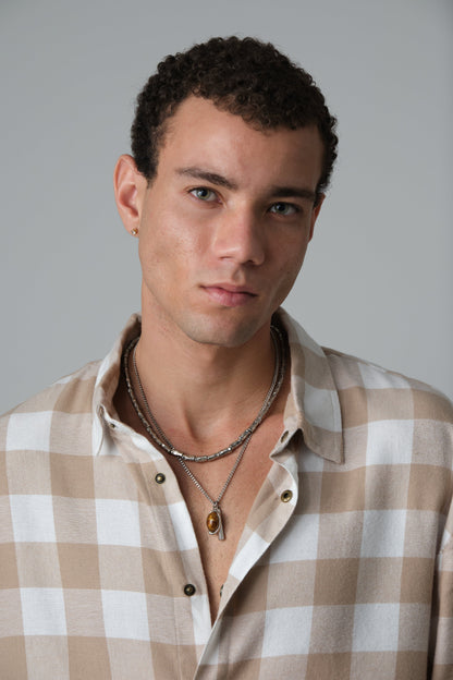SHREDDED SEAM DROP NECK SHIRT BEIGE PLAID