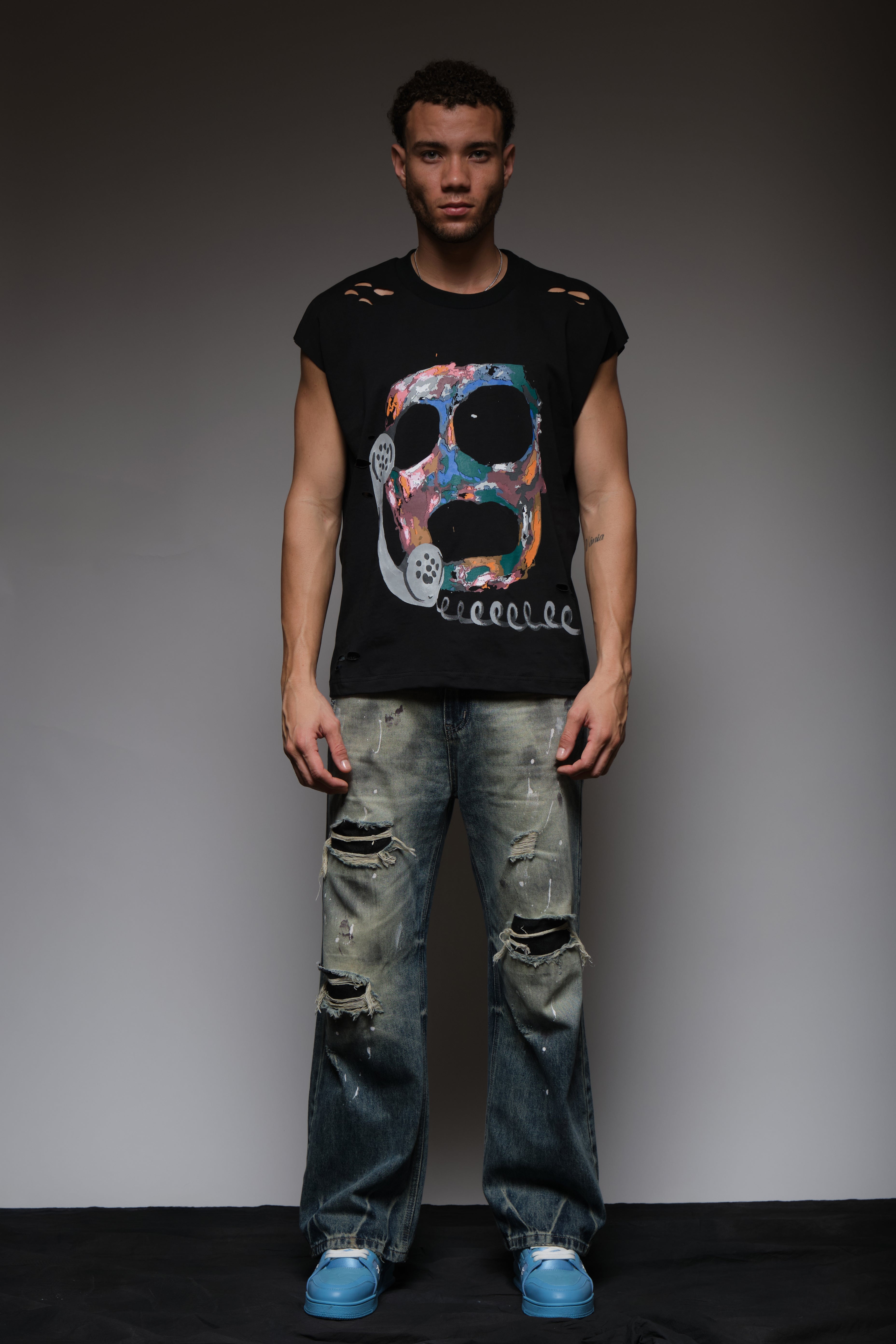 CALL MY DEALER DISTRESSED SLEEVELESS T BLACK, DYSTOPIA