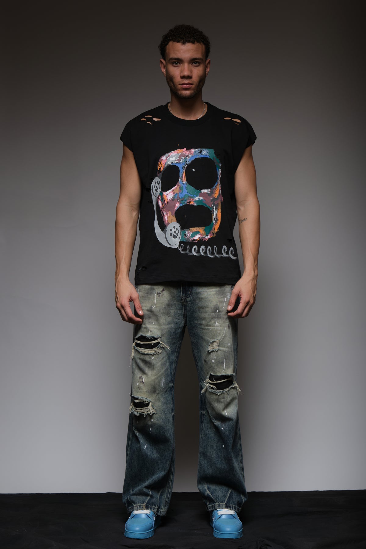 CALL YOUR DEALER DISTRESSED SLEEVELESS T BLACK, DYSTOPIA