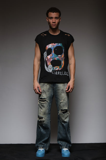 CALL YOUR DEALER DISTRESSED SLEEVELESS T BLACK, DYSTOPIA