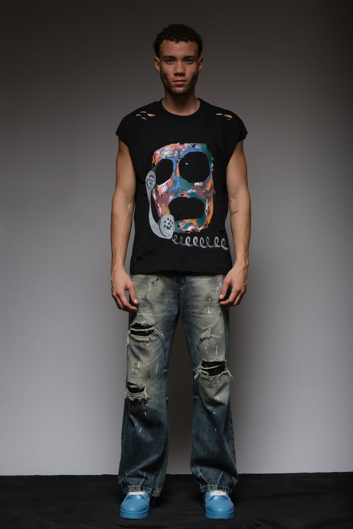 CALL YOUR DEALER DISTRESSED SLEEVELESS T BLACK, DYSTOPIA