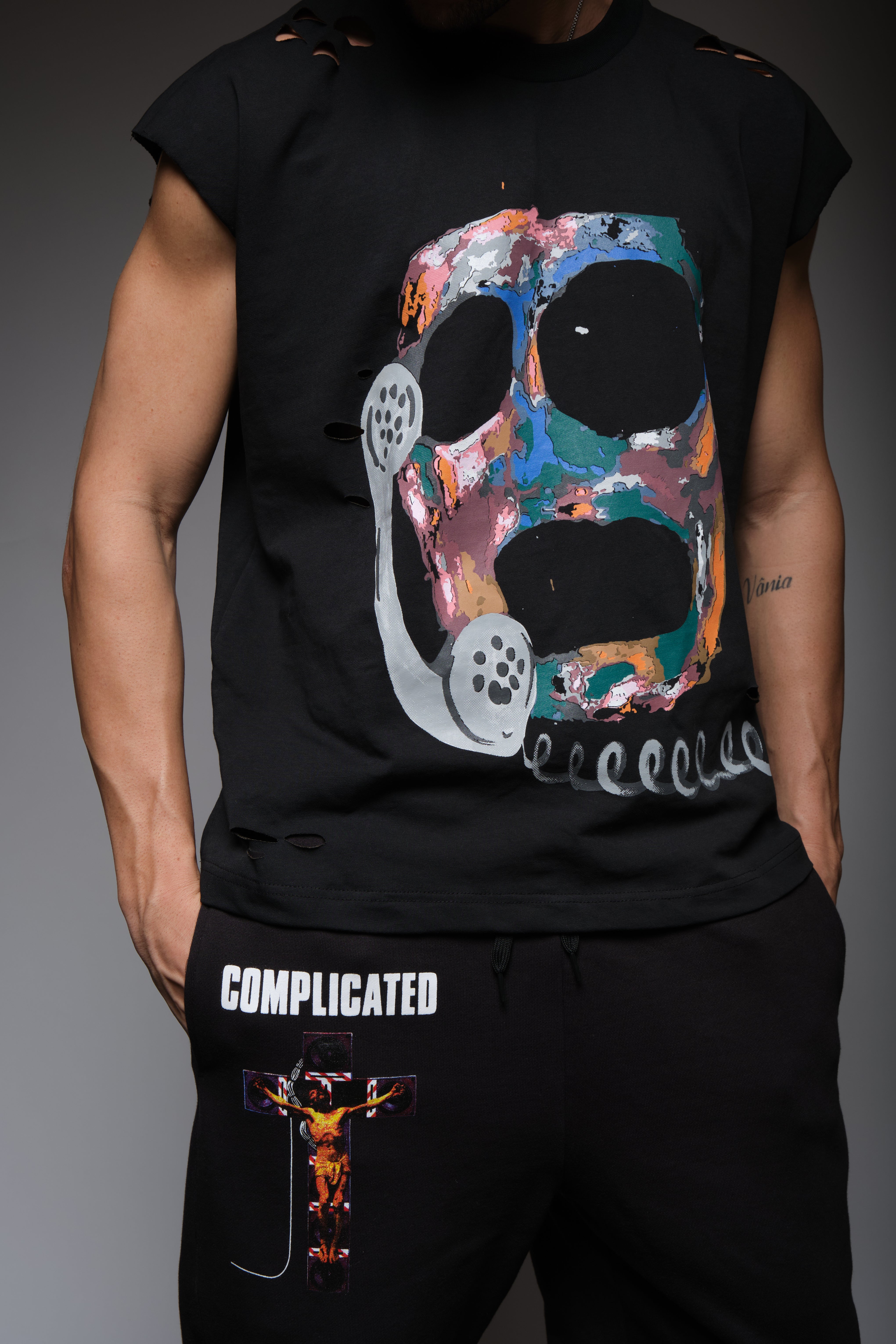 CALL MY DEALER DISTRESSED SLEEVELESS T BLACK, DYSTOPIA
