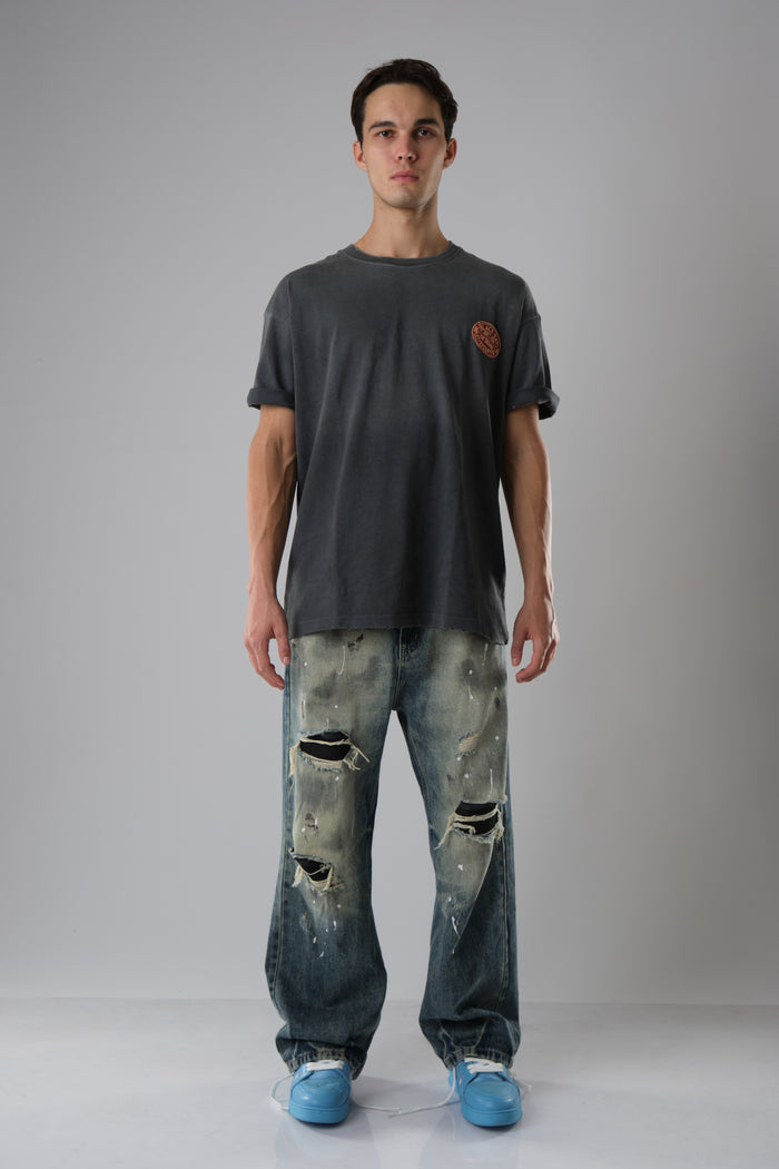 OASIS BLACK WASHED WITH DISTRESSED EDGES T-SHIRT