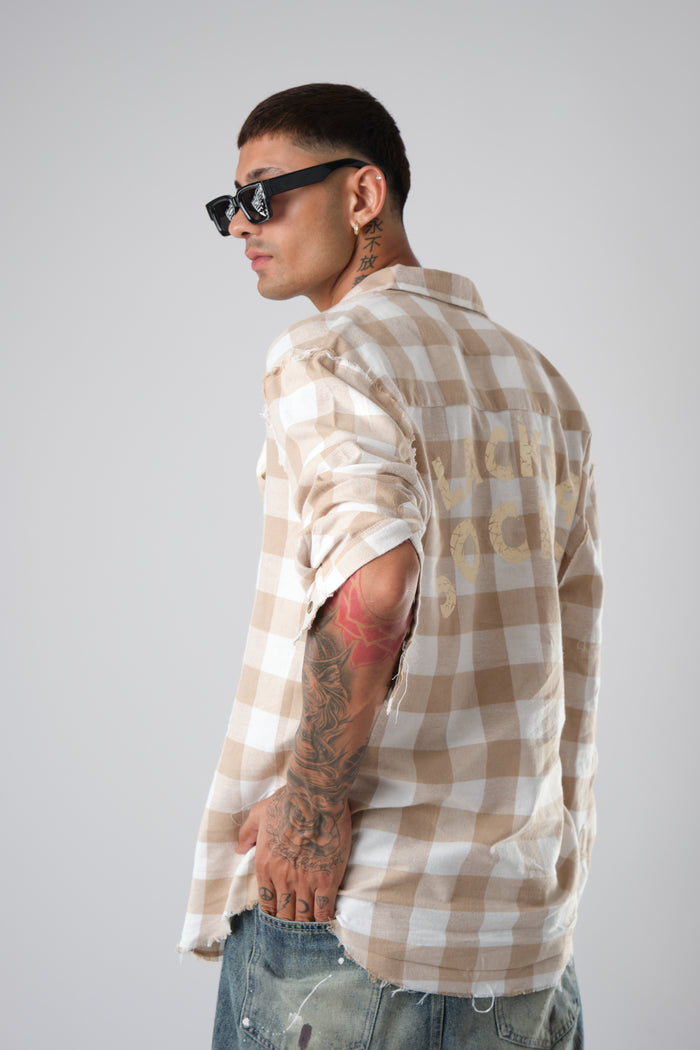 SHREDDED SEAM DROP NECK SHIRT BEIGE PLAID