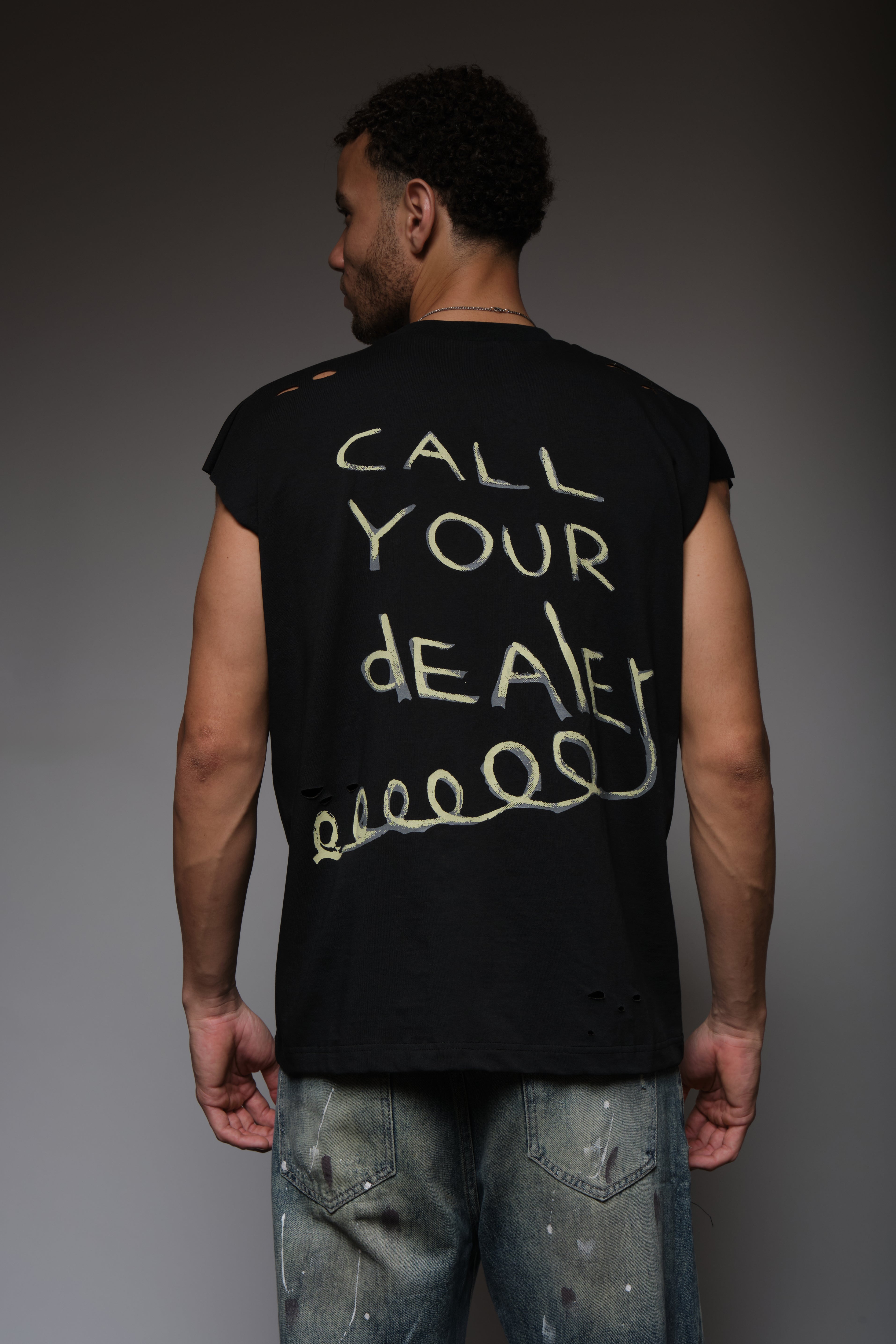CALL MY DEALER DISTRESSED SLEEVELESS T BLACK, DYSTOPIA