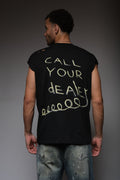 CALL YOUR DEALER DISTRESSED SLEEVELESS T BLACK, DYSTOPIA