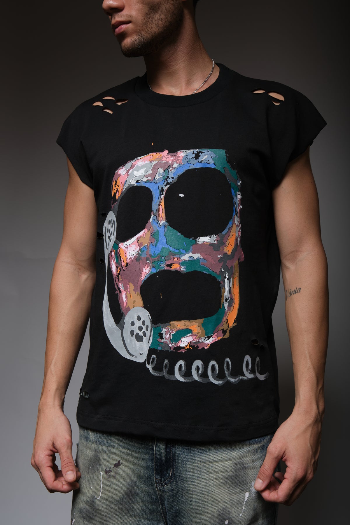 CALL MY DEALER DISTRESSED SLEEVELESS T BLACK, DYSTOPIA