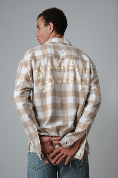SHREDDED SEAM DROP NECK SHIRT BEIGE PLAID