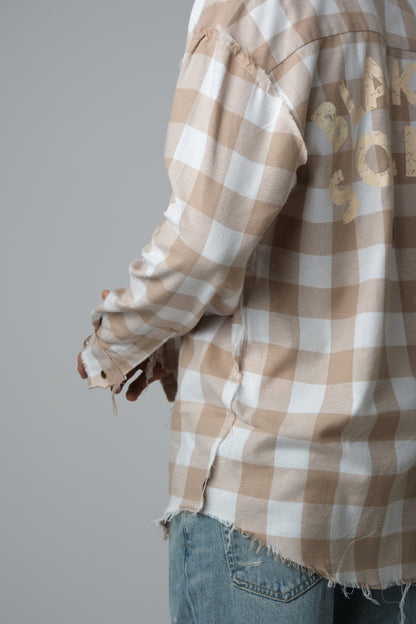 SHREDDED SEAM DROP NECK SHIRT BEIGE PLAID