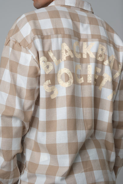 SHREDDED SEAM DROP NECK SHIRT BEIGE PLAID