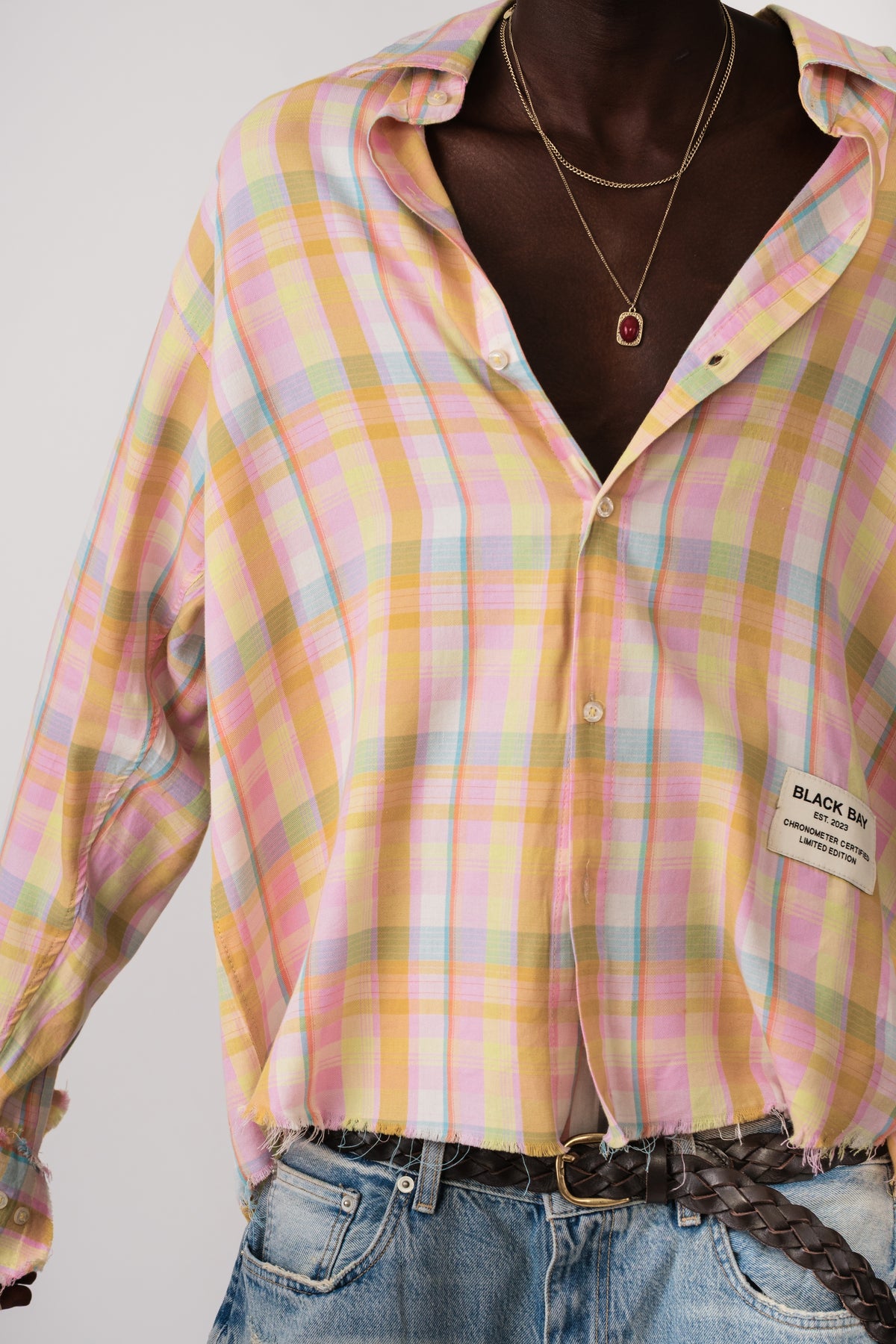 SORBET RESORT SHREDDED PLAID SHIRT