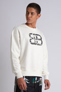 WHITE STACKED DISTRESSED LOGO CREW NECK SWEATSHIRT