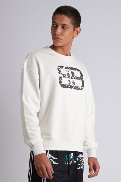 WHITE STACKED DISTRESSED LOGO CREW NECK SWEATSHIRT