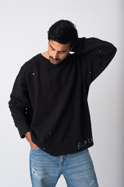 BLACK RAW HANDWRITTEN DISTRESSED ATELIER CREW NECK