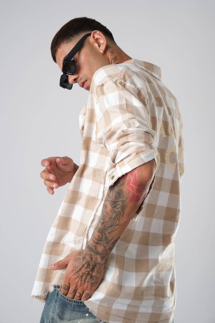 SHREDDED SEAM DROP NECK SHIRT BEIGE PLAID