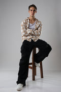 SHREDDED SEAM DROP NECK SHIRT BEIGE PLAID