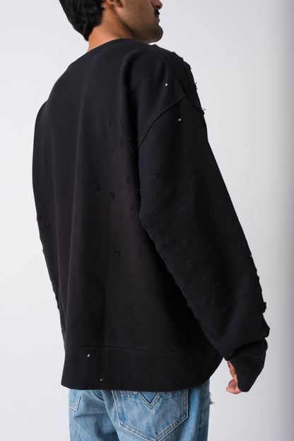 BLACK RAW HANDWRITTEN DISTRESSED ATELIER CREW NECK
