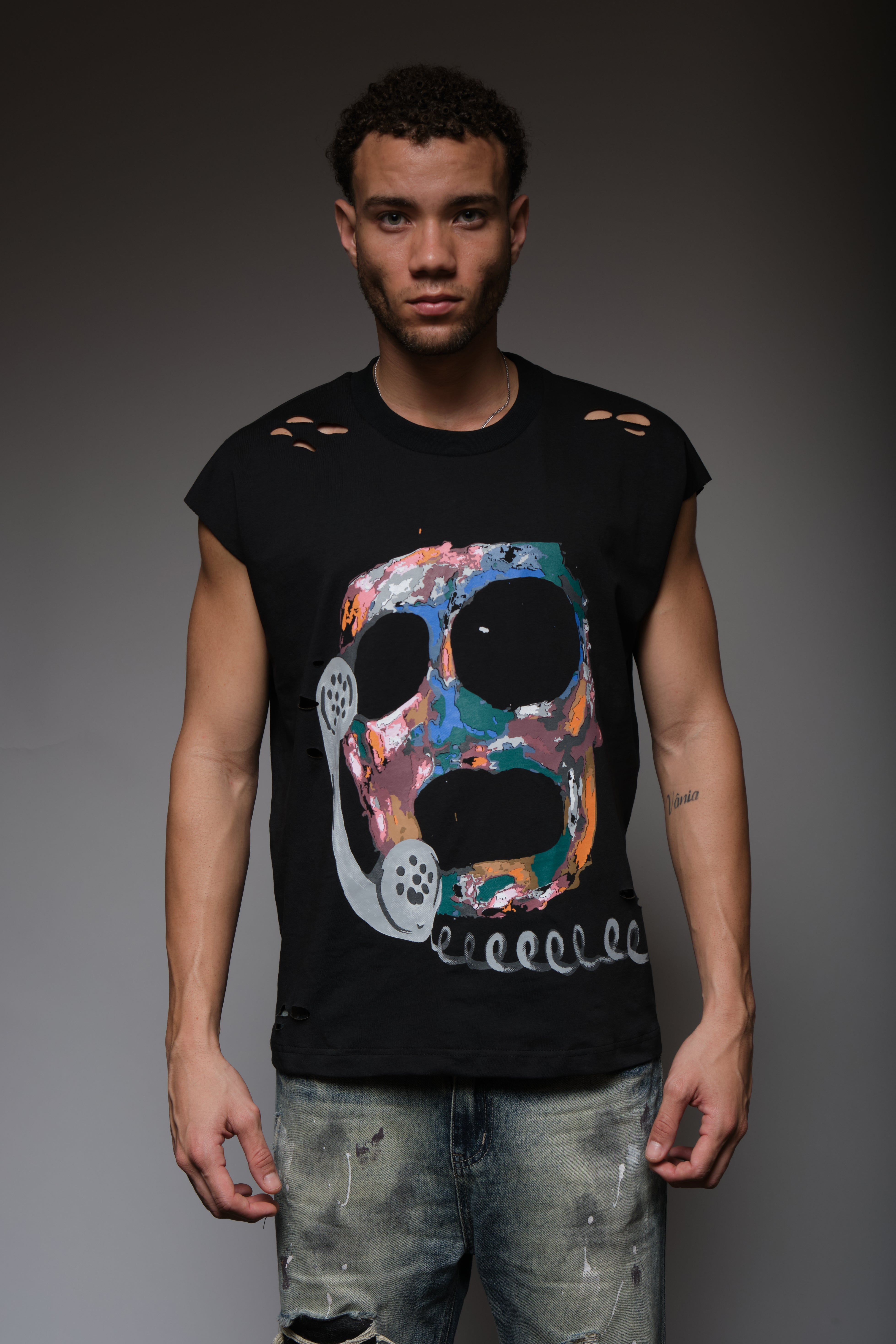 CALL MY DEALER DISTRESSED SLEEVELESS T BLACK, DYSTOPIA