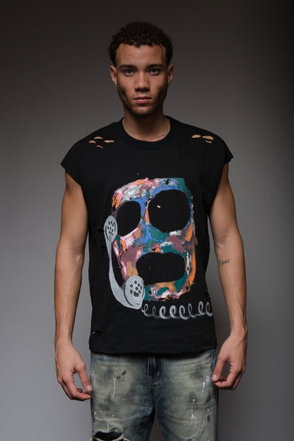 CALL YOUR DEALER DISTRESSED SLEEVELESS T BLACK, DYSTOPIA