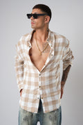 SHREDDED SEAM DROP NECK SHIRT BEIGE PLAID