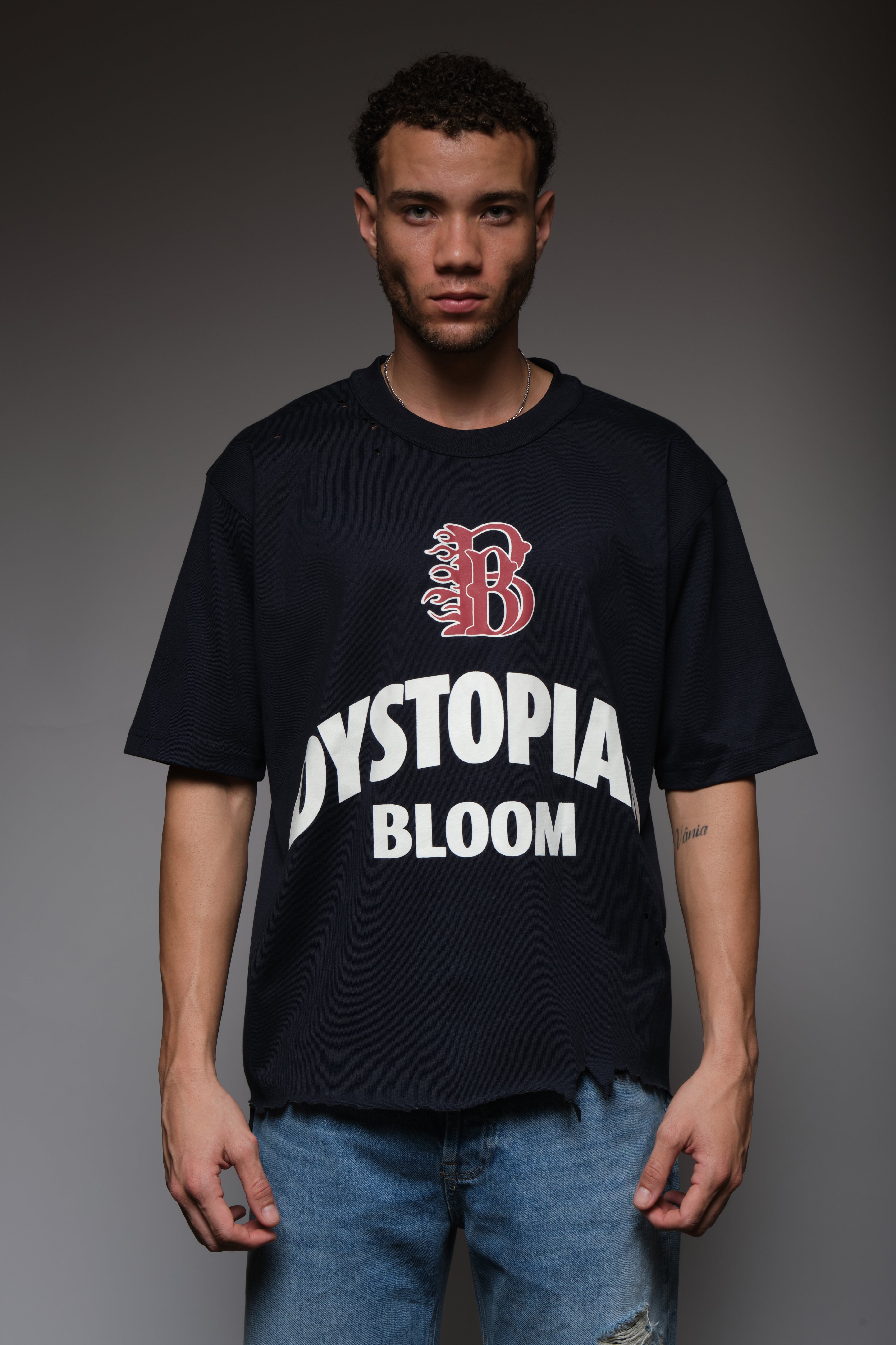 DYSTOPIAN BLOOM DISTRESSED TEE BLUE, DYSTOPIA