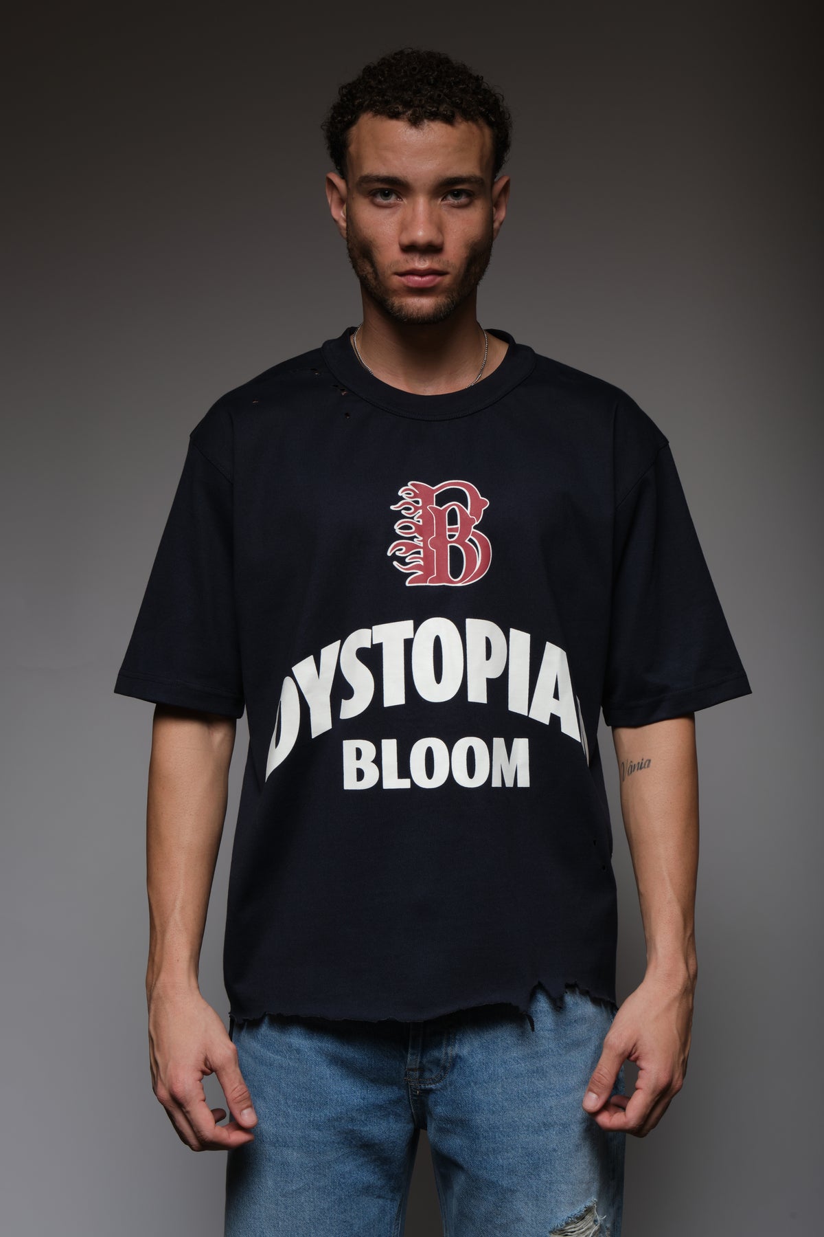 DYSTOPIAN BLOOM DISTRESSED TEE BLUE, DYSTOPIA