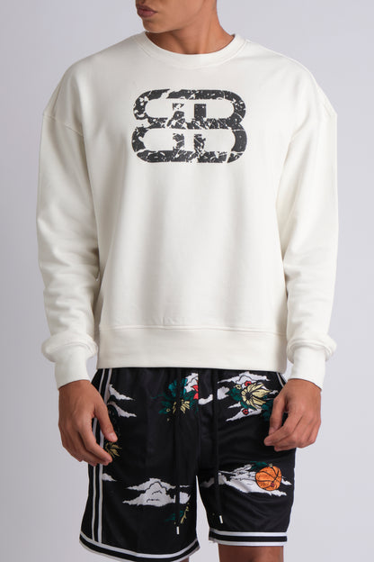 WHITE STACKED DISTRESSED LOGO CREW NECK SWEATSHIRT
