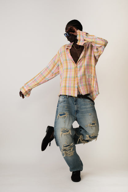 SORBET RESORT SHREDDED PLAID SHIRT