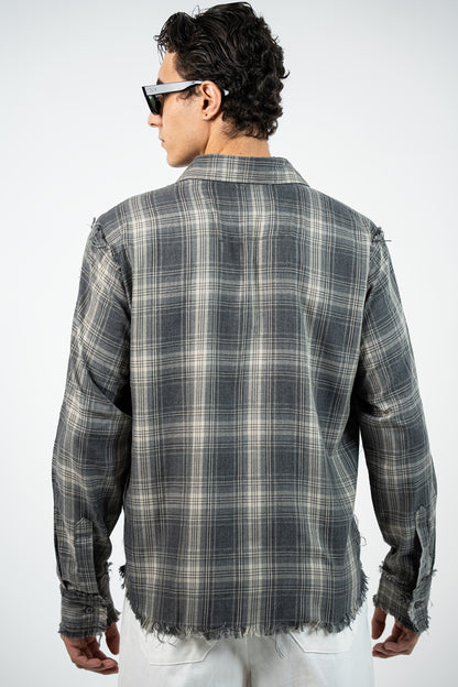 SMOKE PLAID RAW EDGE SHIRT