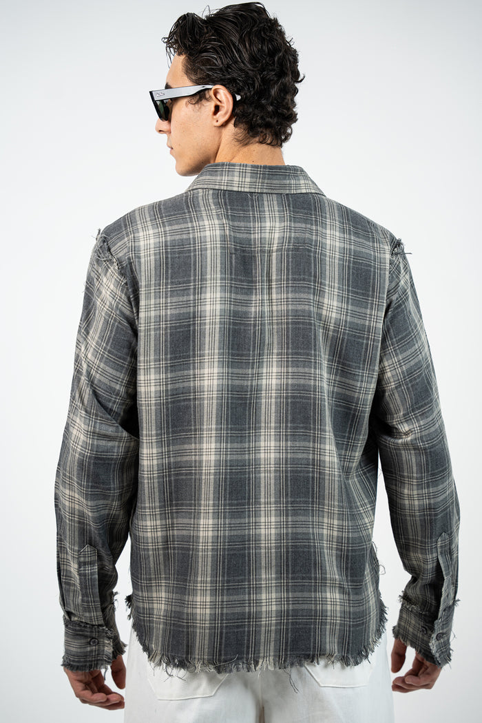 SMOKE PLAID RAW EDGE SHIRT