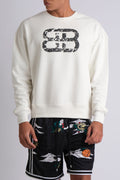WHITE STACKED DISTRESSED LOGO CREW NECK SWEATSHIRT