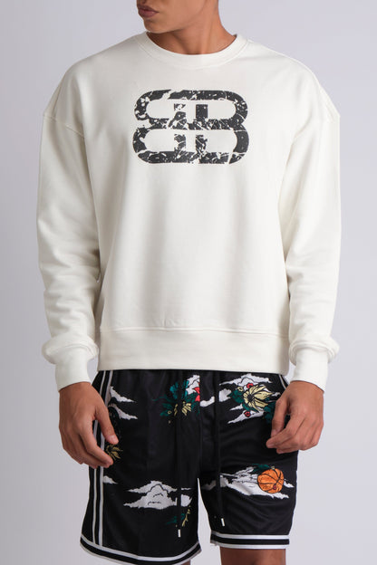 WHITE STACKED DISTRESSED LOGO CREW NECK SWEATSHIRT