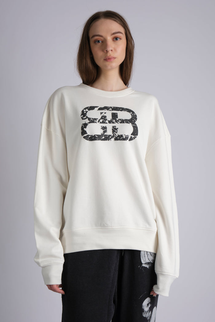 WHITE STACKED DISTRESSED LOGO CREW NECK SWEATSHIRT