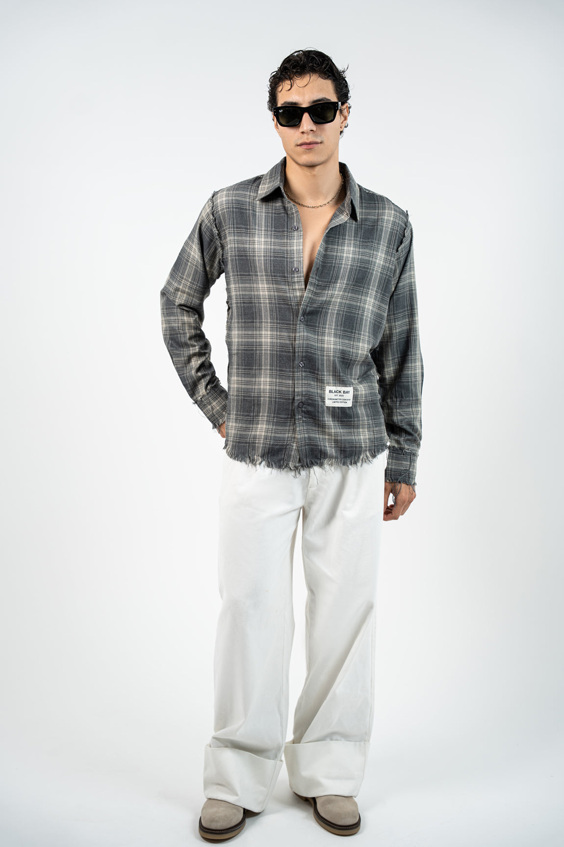 SMOKE PLAID RAW EDGE SHIRT