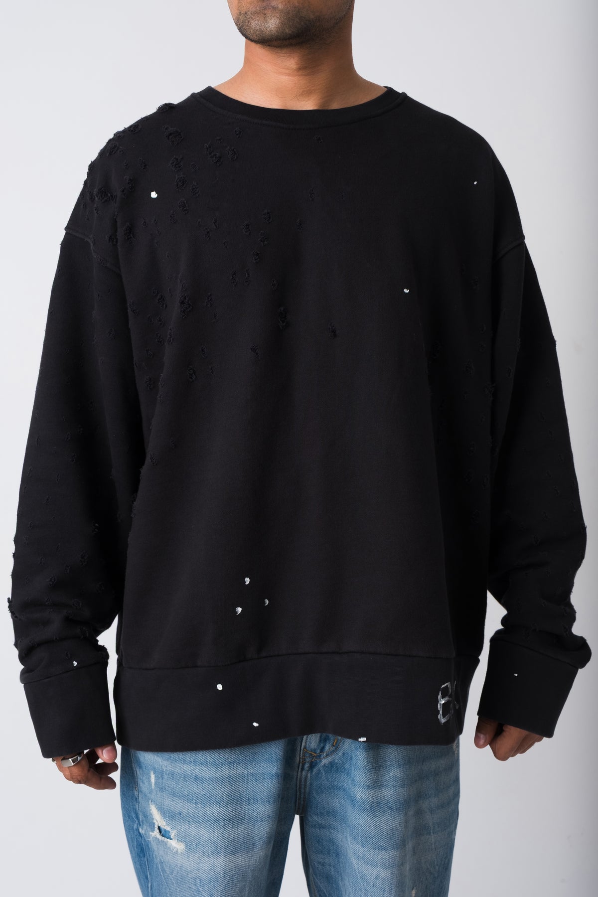 BLACK RAW HANDWRITTEN DISTRESSED ATELIER CREW NECK