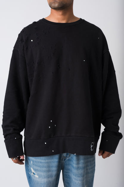 BLACK RAW HANDWRITTEN DISTRESSED ATELIER CREW NECK