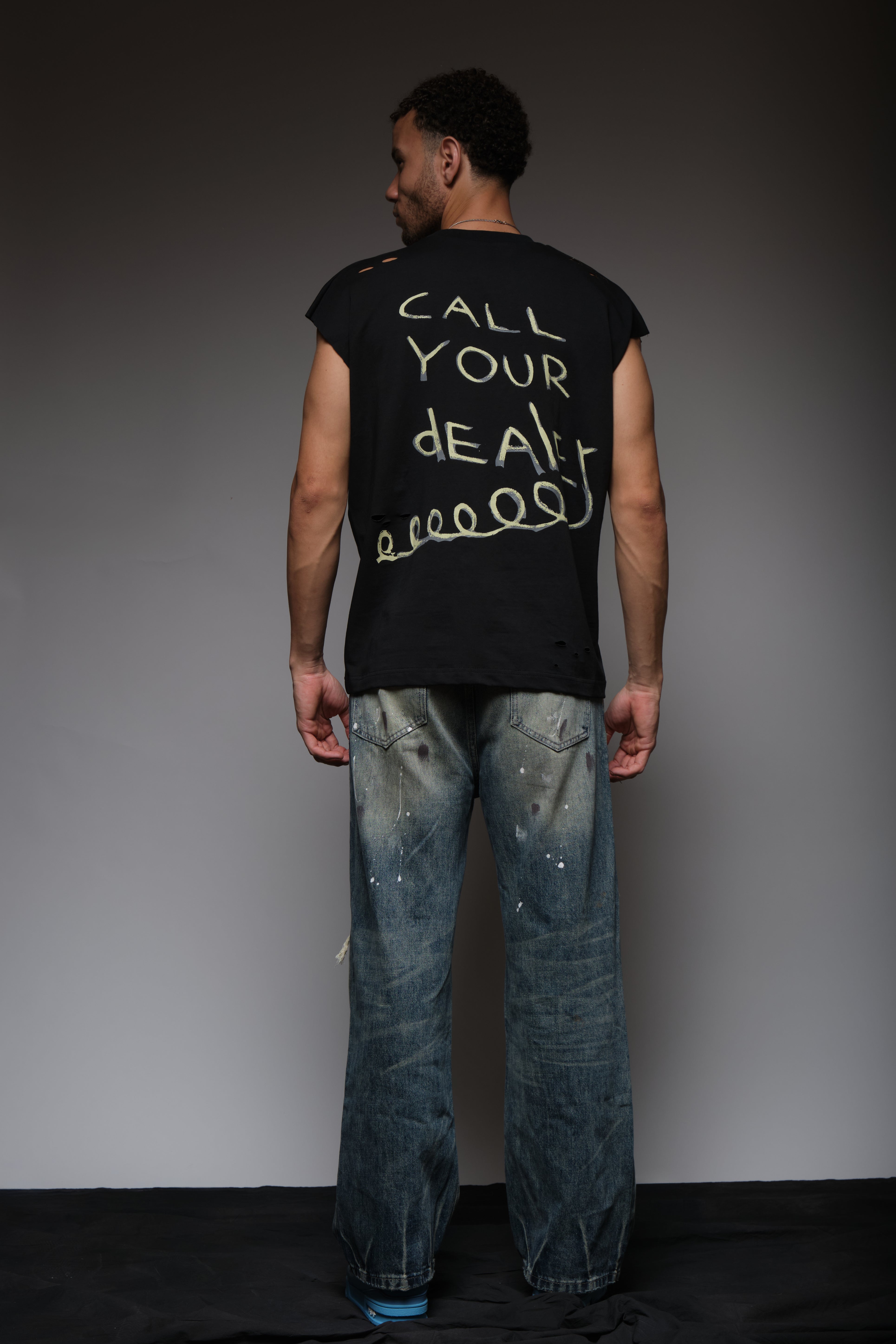 CALL MY DEALER DISTRESSED SLEEVELESS T BLACK, DYSTOPIA
