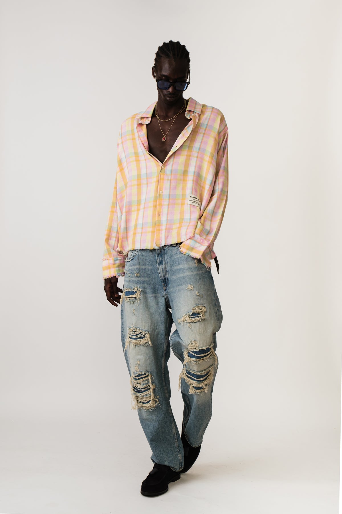 SORBET RESORT SHREDDED PLAID SHIRT