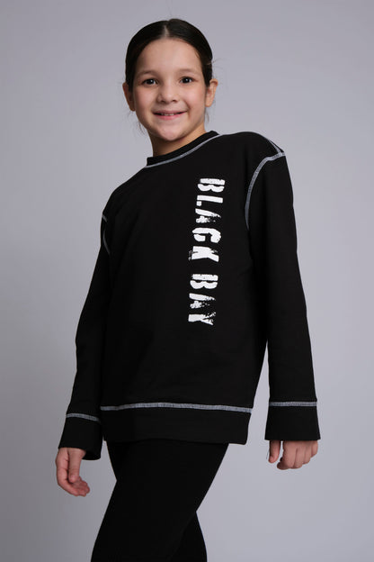 CONTRAST FLATLOCK SWEATSHIRT BLACK, KIDS