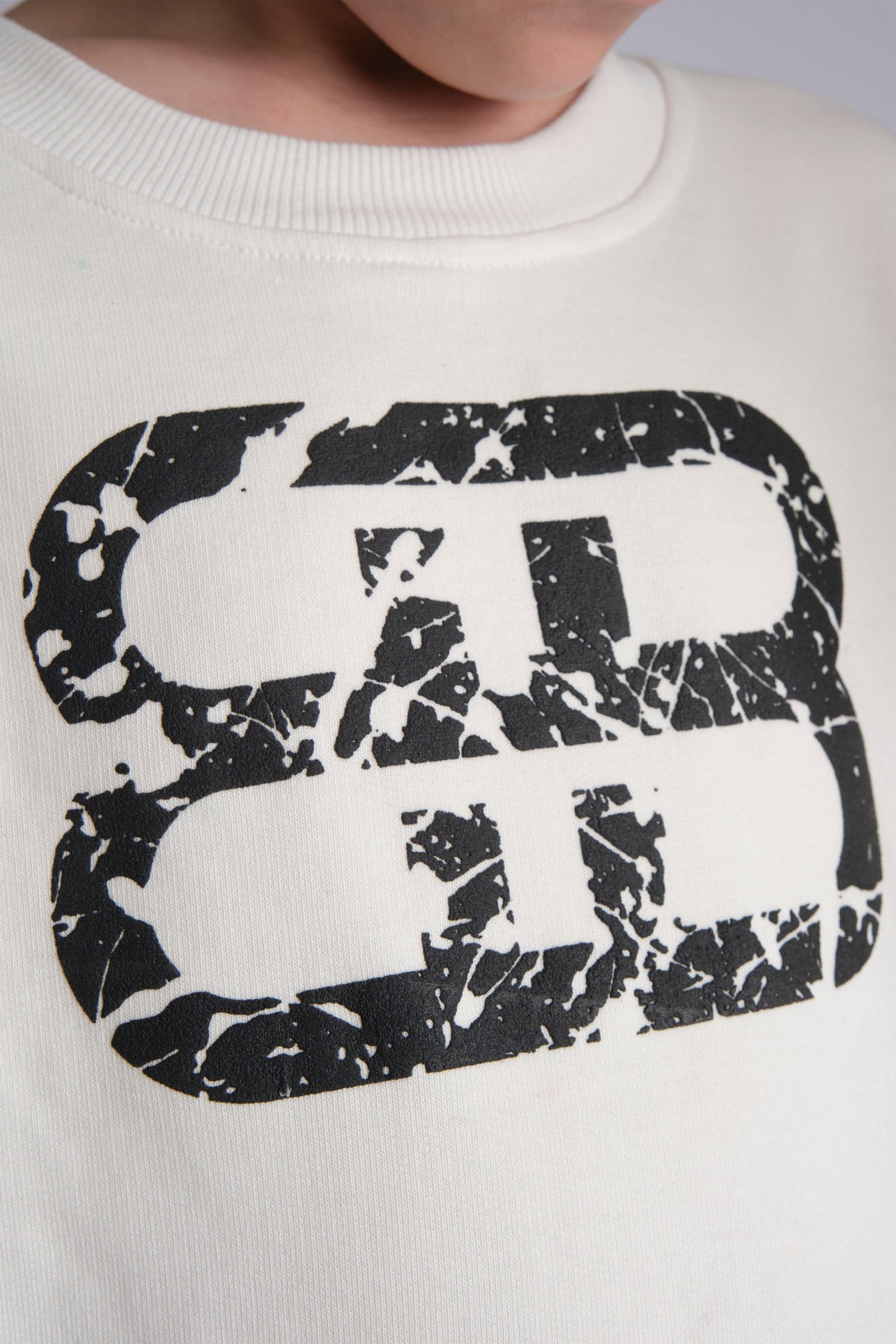 WHITE STACKED DISTRESSED LOGO CREW NECK SWEATSHIRT, KIDS