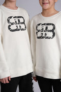 WHITE STACKED DISTRESSED LOGO CREW NECK SWEATSHIRT, KIDS