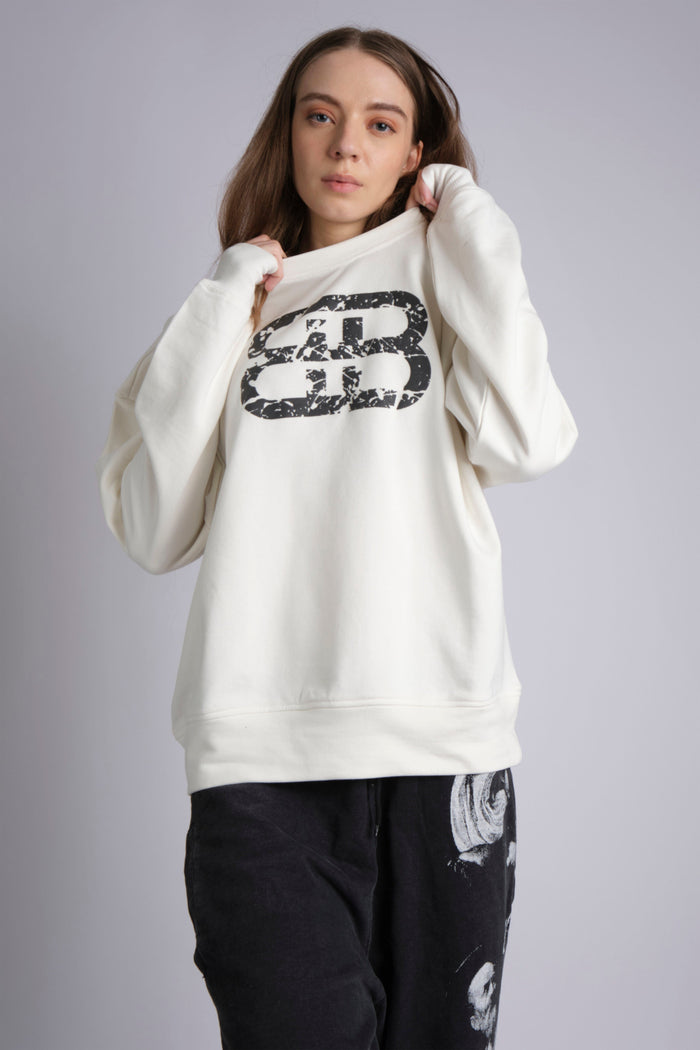 WHITE STACKED DISTRESSED LOGO CREW NECK SWEATSHIRT